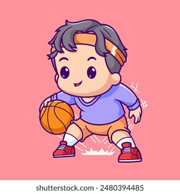 Cute Boy Playing Basket Ball Cartoon Vector Icon Illustration. People Sport Icon Concept Isolated Premium Vector. Flat Cartoon Style