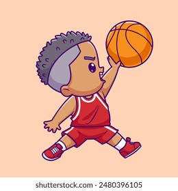 Netter Junge, der Körbchen spielt, Ball Cartoon Vektorgrafik Icon Illustration. Menschen Sport Icon Concept Isolated Premium Vektorgrafik. Flacher Zeichentrickstil