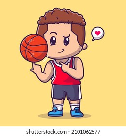 Cute Boy Playing Basket Cartoon Vector Icon Illustration. People Sport Icon Concept Isolated Premium Vector. Flat Cartoon Style