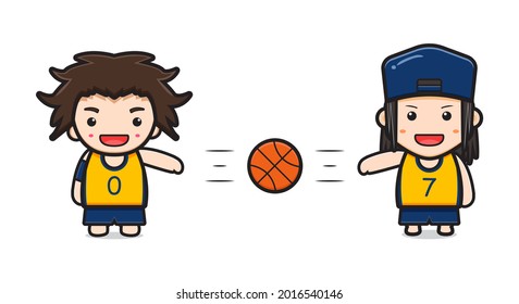 Un chico lindo jugando a la ilustración de un icono de la caricatura de baloncesto. Diseño de dibujos animados planos aislados