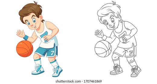 Cute boy playing basketball. Coloring page and colorful clipart character. Cartoon design for t shirt print, icon, logo, label, patch or sticker. Vector illustration.