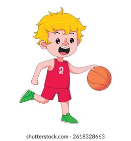 Menino bonito jogando basquete, divertida atividade infantil com esportes, hobby e ilustração conceito educação.