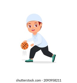 Cute boy playing basketball with happy face