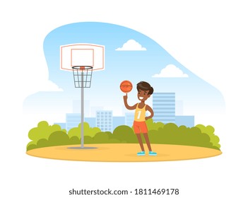 Cute Boy Playing Basketball Outdoor, Kid Summer Outdoor Activity Cartoon Vector Illustration
