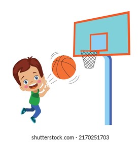 Cute Boy Playing Basketball. Throwing a Basketball