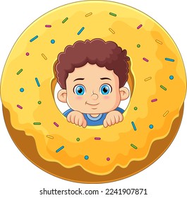 A cute boy playing with a big yellow donut toy of illustration