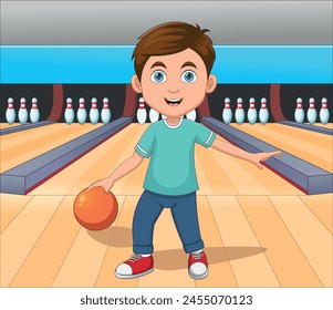 lindo niño jugando a los bolos sobre fondo blanco