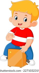 a cute boy playing a cajon drum instrument like a pro of illustration