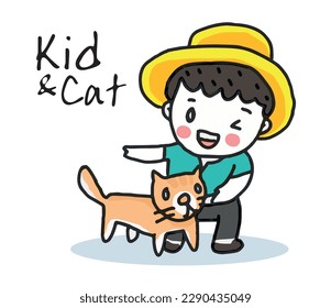 süßer Junge, der mit Katze spielt, Cartoon-Zeichentrickgrafik