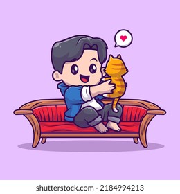 Cute Boy Playing With Cat On Sofa Cartoon Vector Icon Illustration. People Animal Icon Concept Isolated Premium Vector. Flat Cartoon Style