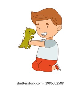 Cute Boy Playing with Dinosaur Toy Having Fun On His Own Enjoying Childhood Vector Illustration