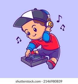 Cute Boy Playing DJ Music Cartoon Vector Icon Illustration. People Technology Icon Concept Isolated Premium Vector. Flat Cartoon Style
