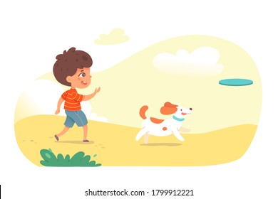 Cute boy playing with dog in flying disc. Smiling child running with pet, domestic animal catches toy. Vector character illustration of kids activity, summer leisure, take care and spend time with pet