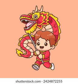 Cute Boy Playing Dragon Barongsai Chinese New Year 2024 Cartoon Vector Icon Illustration. People Holiday Icon Concept Isolated Premium Vector. Flat Cartoon Style