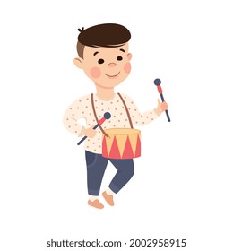 Cute Boy Playing Drum, Adorable Kid Leisure Activity Concept Cartoon Vector Illustration