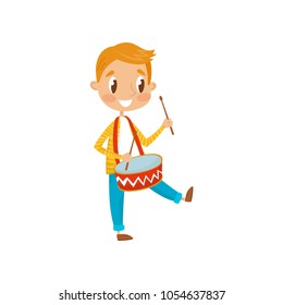 Cute boy playing drum, little musician character with musical instrument cartoon vector Illustration on a white background