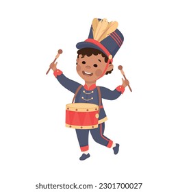 Cute boy playing drum musical instrument in marching band parade cartoon vector illustration