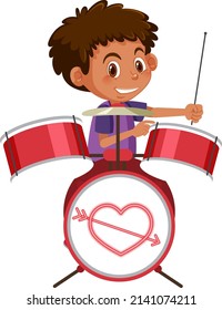 Cute boy playing drum on white background illustration
