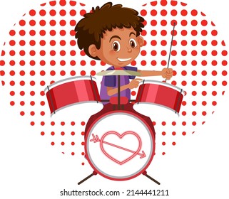 Cute boy playing drum on white background illustration