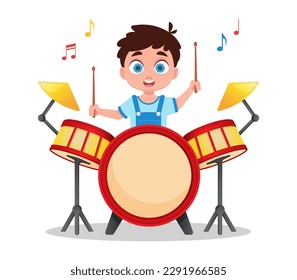Cute boy playing drums, child playing a musical instrument