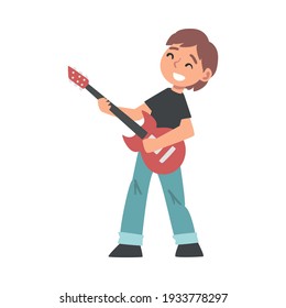 Cute Boy Playing Electric Guitar, Kid Learning to Play Musical Instrument Cartoon Style Vector Illustration