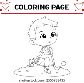cute boy is playing field hockey garden coloring page for kids