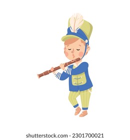 Cute boy playing flute musical instrument in marching band parade cartoon vector illustration