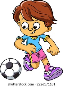 cute boy playing football cartoon.
 Vector clip art illustration with simple gradients. All in a single layer.