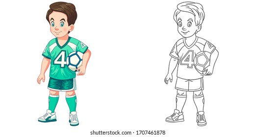 Cute boy playing football. Coloring page and colorful clipart character. Cartoon design for t shirt print, icon, logo, label, patch or sticker. Vector illustration.