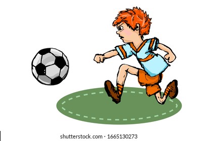 Cute boy playing football isolated on white background. Hand drawn little boy in a football uniform with soccer ball do kick on the lawn. Health and potential of children. Stock vector illustration