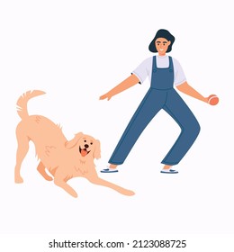 Cute boy playing with funny labrador retriever dog. Active lifestyle. Domestic animal friend. Adorable friendly pure breed doggy. Isolated flat vector illustration. Design element.