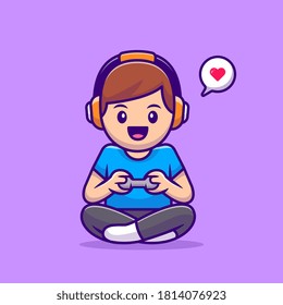 Cute Boy Playing Game Cartoon Vector Icon Illustration. People Technology Icon Concept Isolated Premium Vector. Flat Cartoon Style