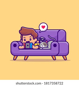 Cute Boy Playing Game With Cat Cartoon Vector Icon Illustration. People Technology Icon Concept Isolated Premium Vector. Flat Cartoon Style