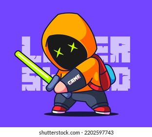 Cute Boy Playing Game with laser sword Illustration Robot Cartoon Vector Icon.