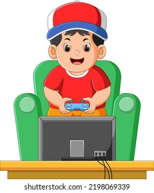 The cute boy is playing the game on the play station and control with the joystick of illustration