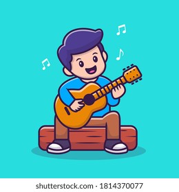 Cute Boy Playing Guitar Cartoon Vector Icon Illustration. People Music Icon Concept Isolated Premium Vector. Flat Cartoon Style