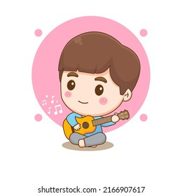 Cute boy playing guitar. Chibi cartoon character. Vector art illustration