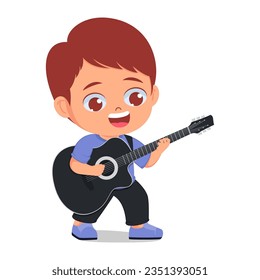 Cute boy playing guitar, happy expression