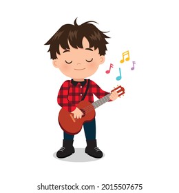 Cute boy playing guitar instrument. Musical clip art. Flat vector cartoon design