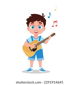 Cute boy playing the guitar. Vector illustration