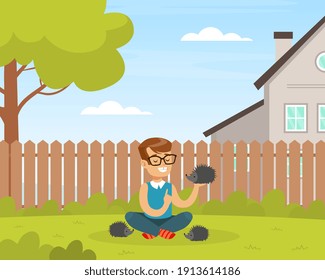 Cute Boy Playing with Hedgehogs on Green Lawn, Kid Interacting with Animal in Petting Zoo Cartoon Vector Illustration