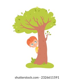 Cute boy playing hide and seek, peeping over green tree vector illustration. Cartoon isolated small kid hiding in summer park or garden to play with children and look, peeking from behind plant