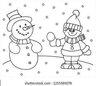 Cute boy is playing with his friend the snowman outside in the snow. Black and white vector for card or gift, for coloring.