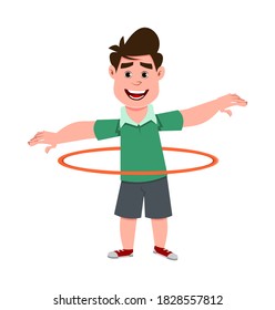cute boy playing hula hoop. Cute kid flat style character for design, motion or design. 