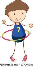 Cute boy playing hula hoop cartoon character in hand drawn doodle style isolate illustration