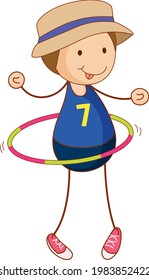 Cute boy playing hula hoop cartoon character in hand drawn doodle style isolated illustration