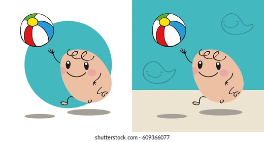 Cute boy playing with inflatable ball on the beach, vector