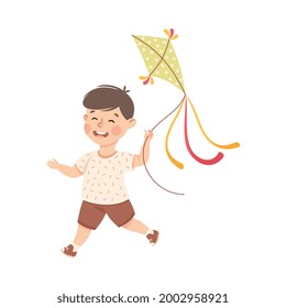 Cute Boy Playing Kite, Adorable Kid Leisure Activity Concept Cartoon Vector Illustration