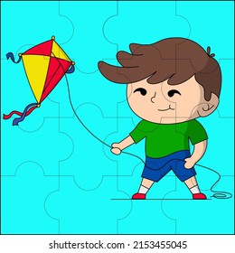 Cute boy playing kite suitable for children's puzzle vector illustration