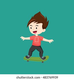 Cute boy playing on long board vector illustration